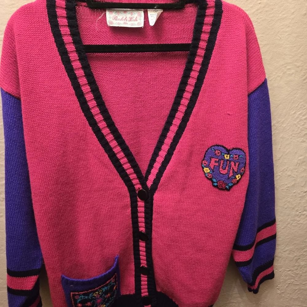 Vintage 80s Bright Pink Cardigan FUN Patch Rachel Kids - Picture 8 of 8